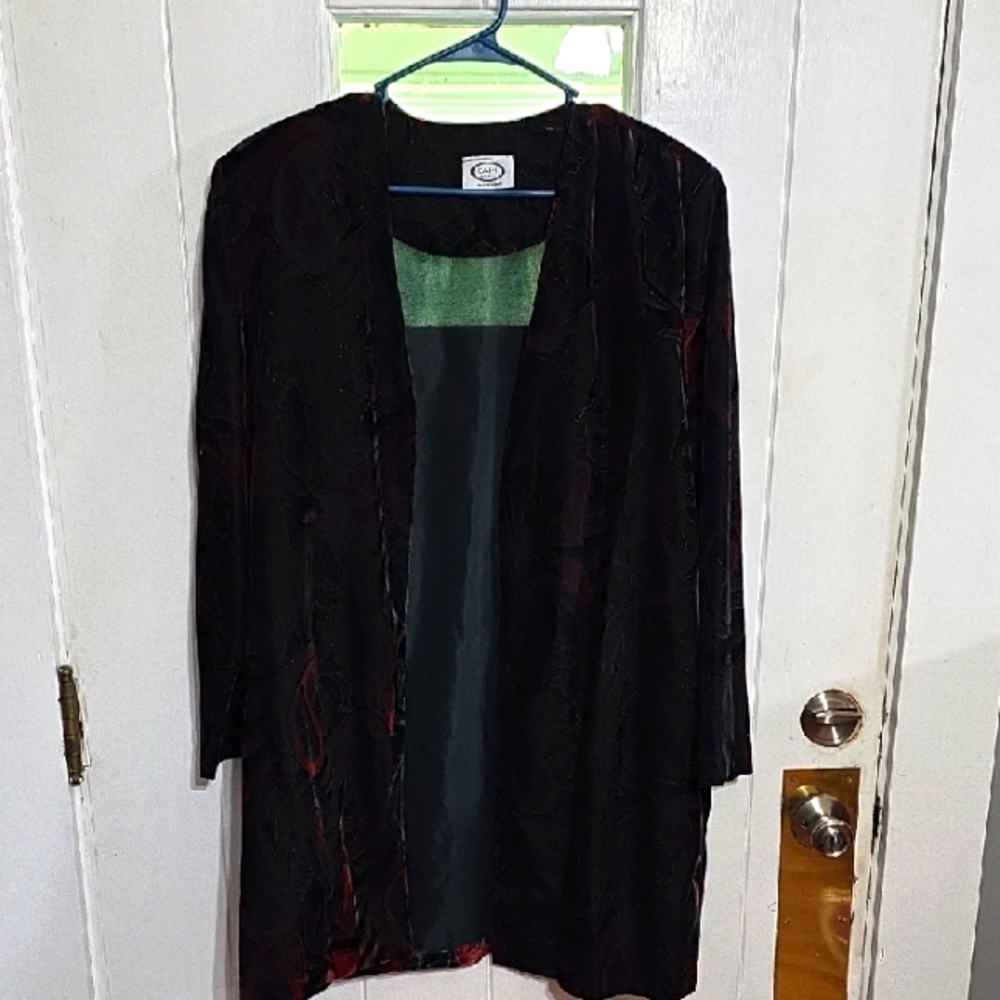 VTG Cami Sport Women's Velvety Kimono Duster Jacket Black/Red/Green Sz XL?‎ EUC